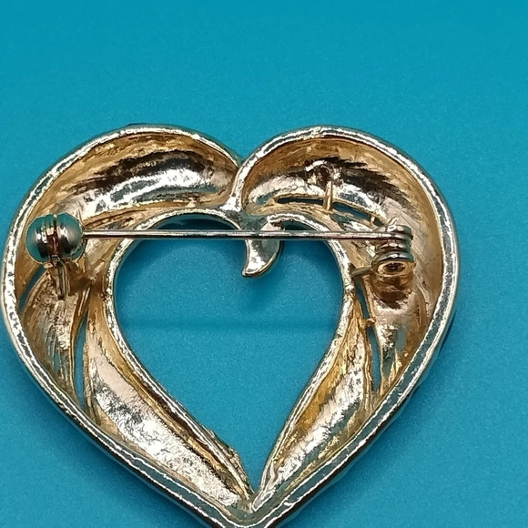 Black Enamel and Gold Tone Clear Rhinestones Accents 1 1/2" Heart Brooch Pin - Picture 3 of 6